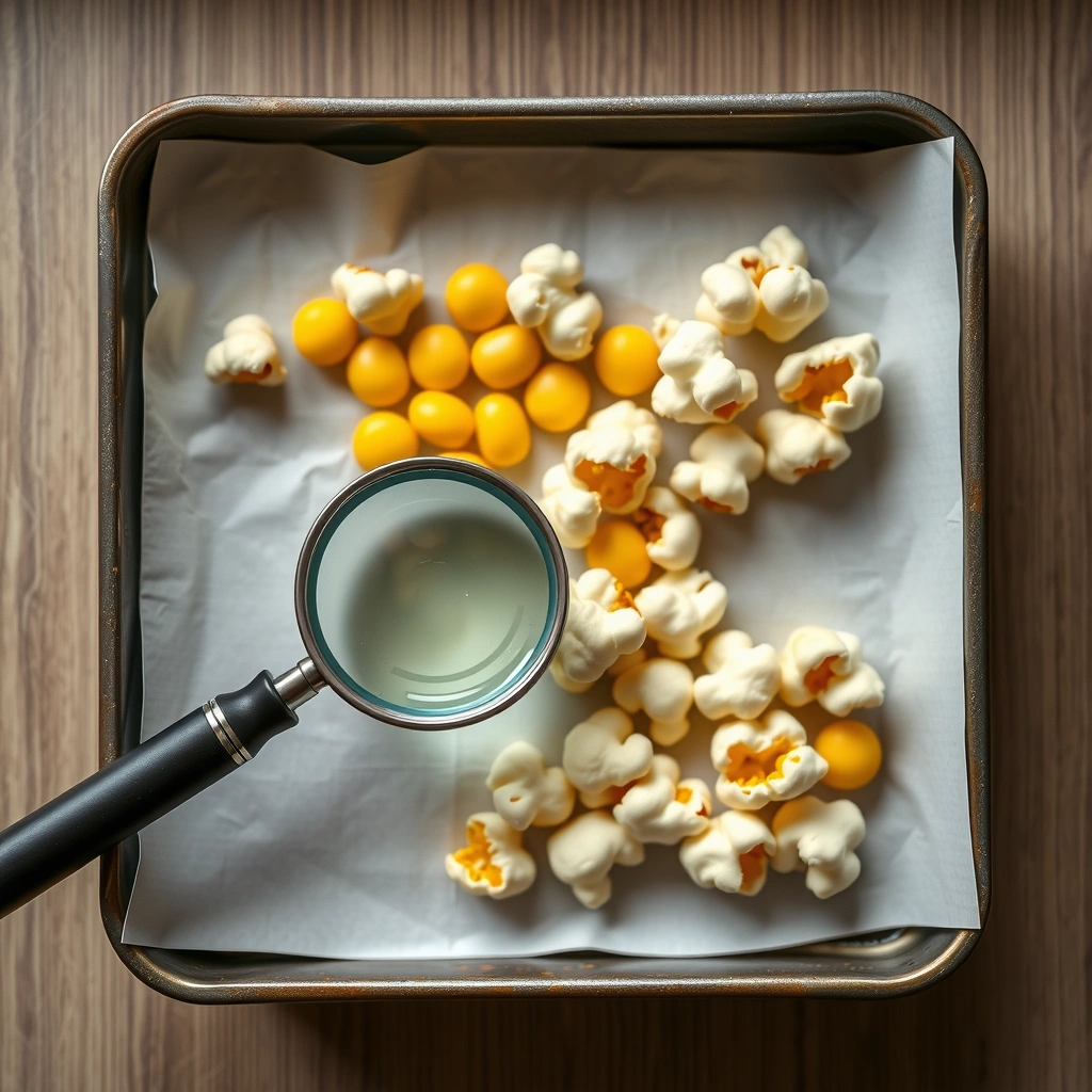 Realistyczne zdjęcie: tacka z ziarnami i popcornem + lupa - Materiały - Dzień Popcornu