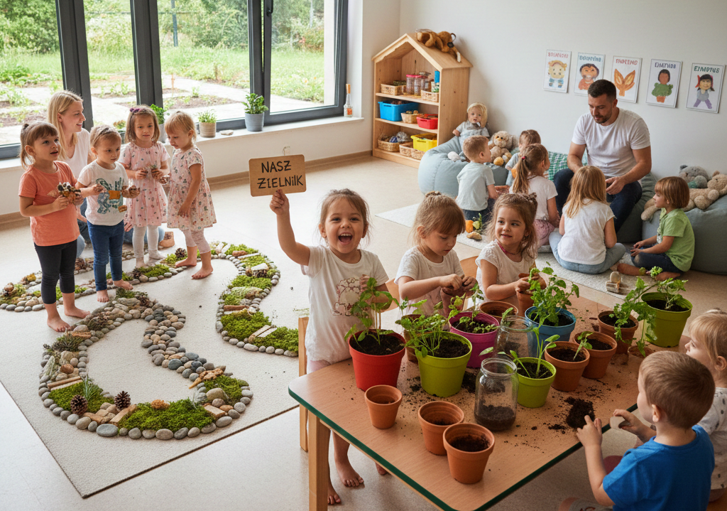Edukacja ekologiczna w przedszkolu – ogródek doniczkowy dzieci sadzą rośliny w przedszkolu